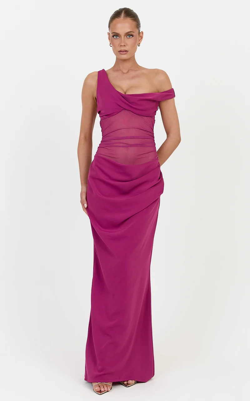 Elias Maxi Dress - Twisted One Shoulder Cowl Dropped Waist Dress in Berry
