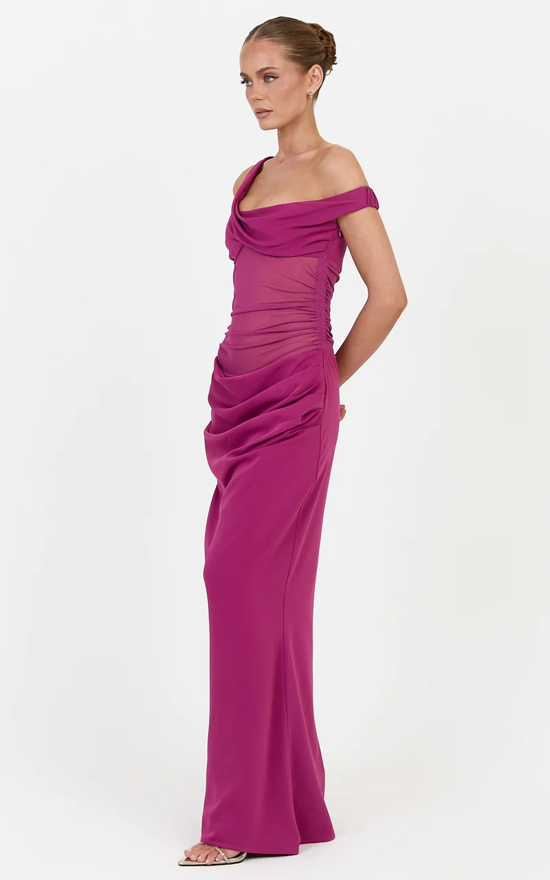 Elias Maxi Dress - Twisted One Shoulder Cowl Dropped Waist Dress in Berry