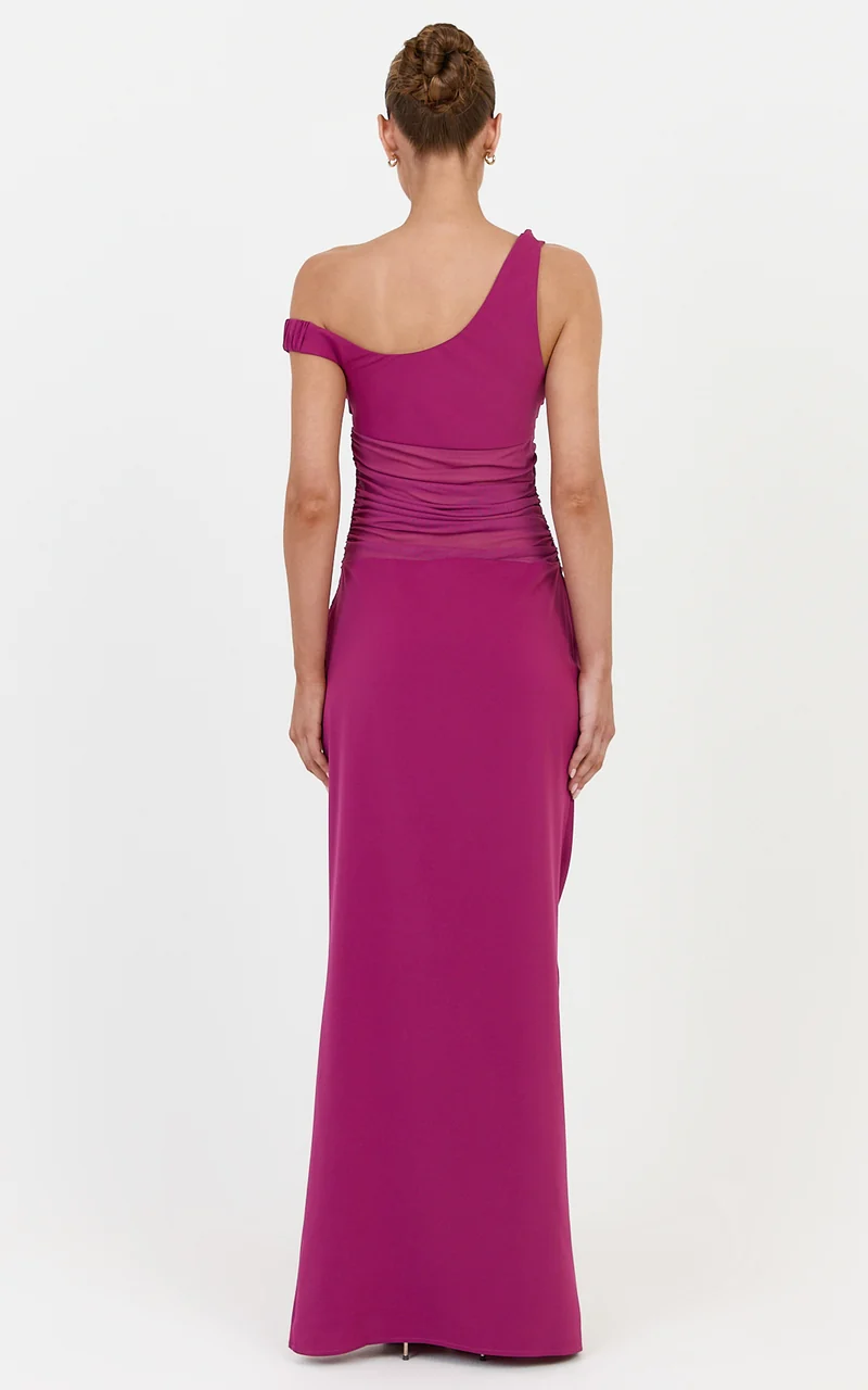 Elias Maxi Dress - Twisted One Shoulder Cowl Dropped Waist Dress in Berry
