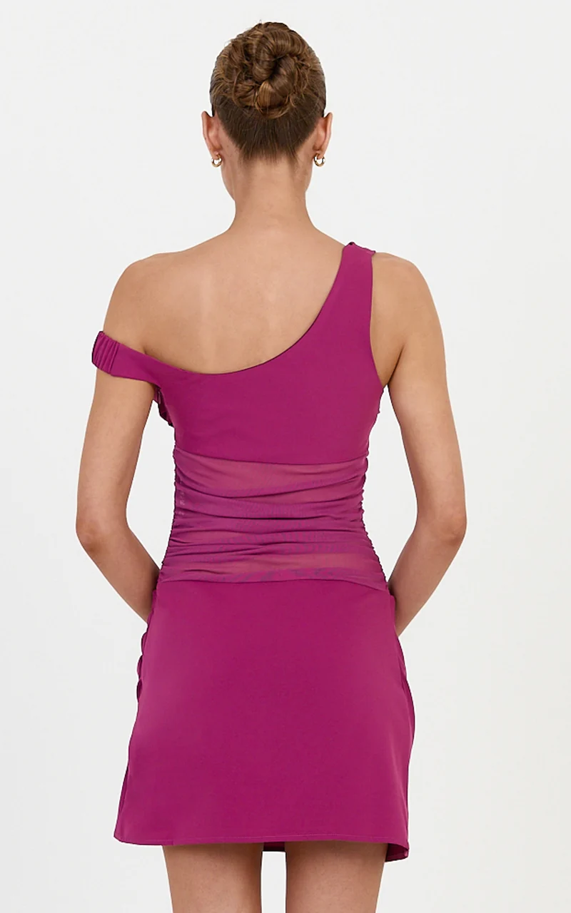Lola Mini Dress - One Shoulder Contrast Bodycon Dress in Berry