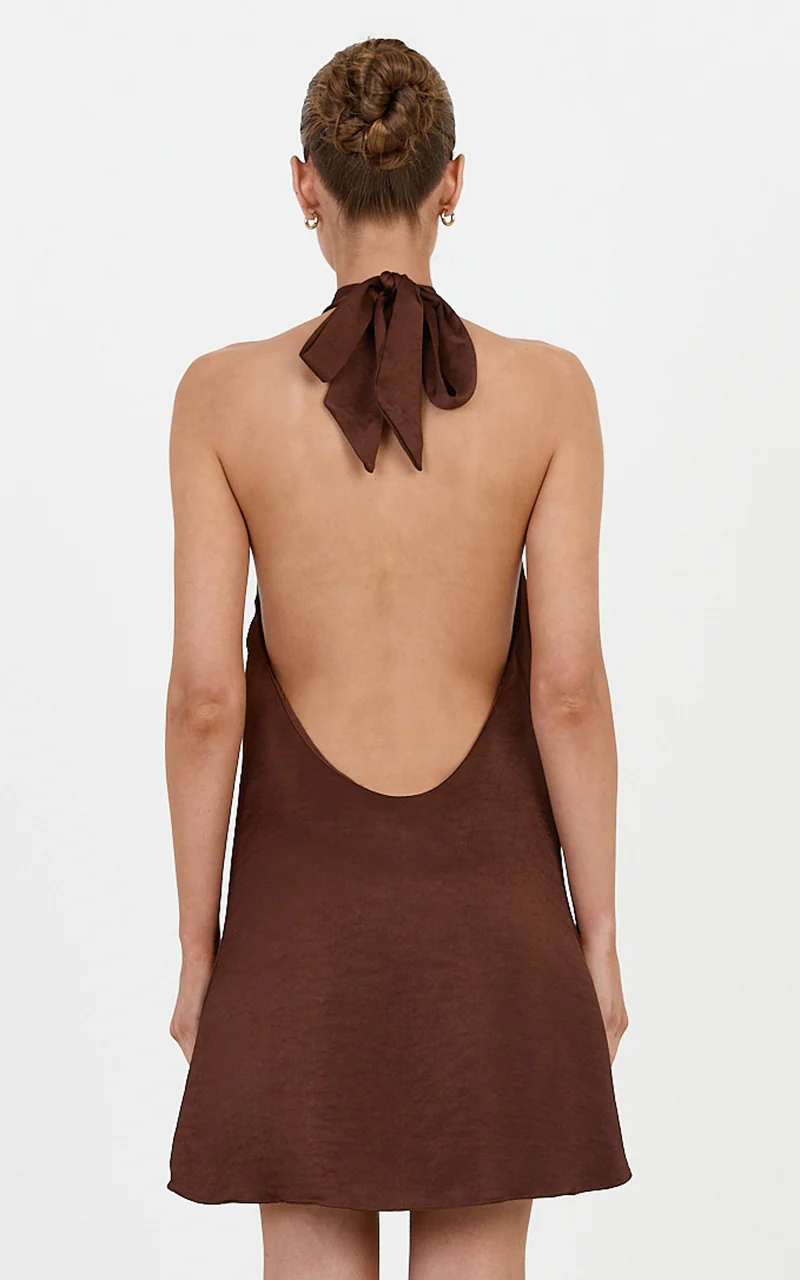 Lori Mini Dress - Halter Neck Low Back Satin Mini Dress in Chocolate