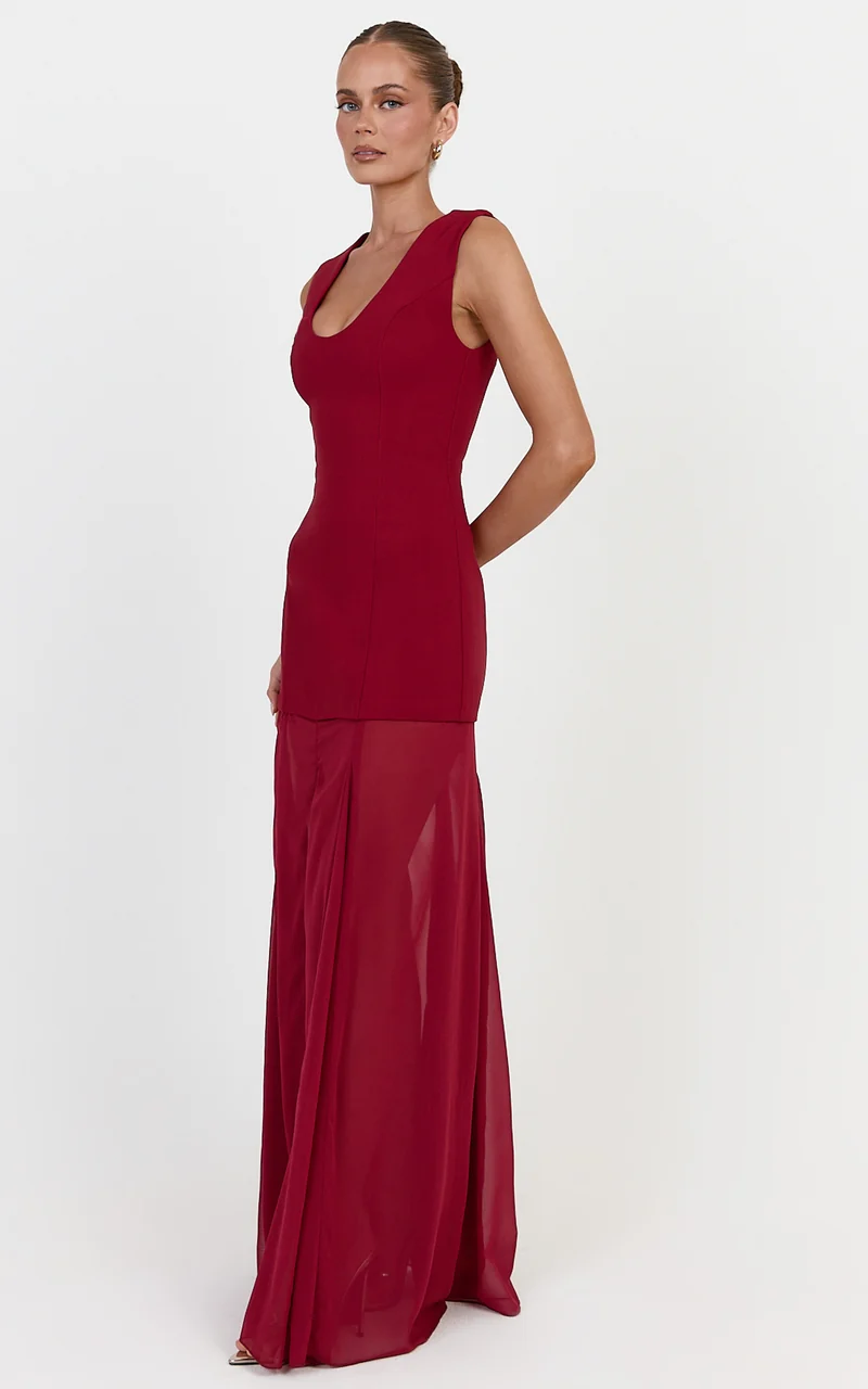 Frances Maxi Dress - Contrast U Neck Godet A Line Dress in Wine