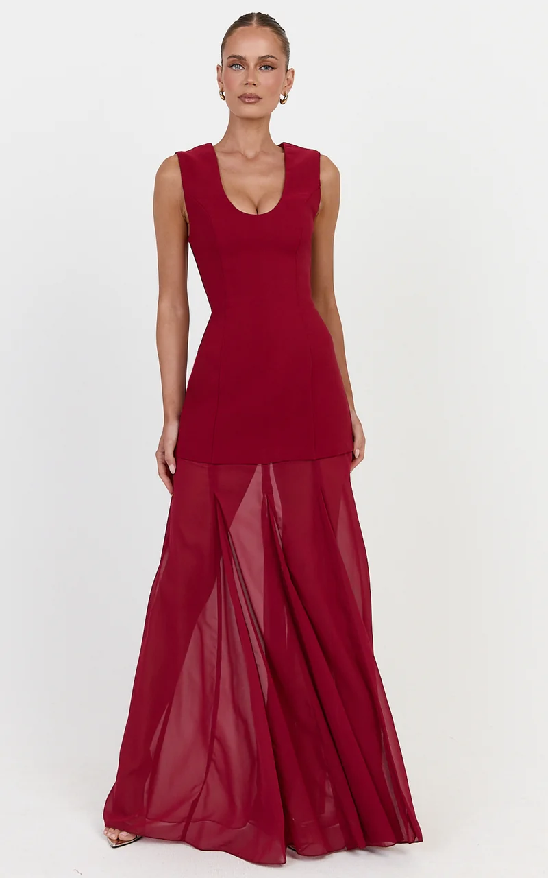 Frances Maxi Dress - Contrast U Neck Godet A Line Dress in Wine