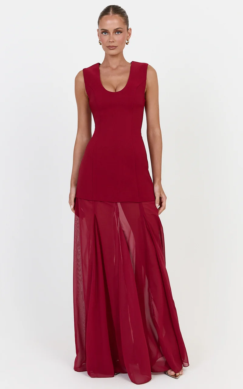 Frances Maxi Dress - Contrast U Neck Godet A Line Dress in Wine