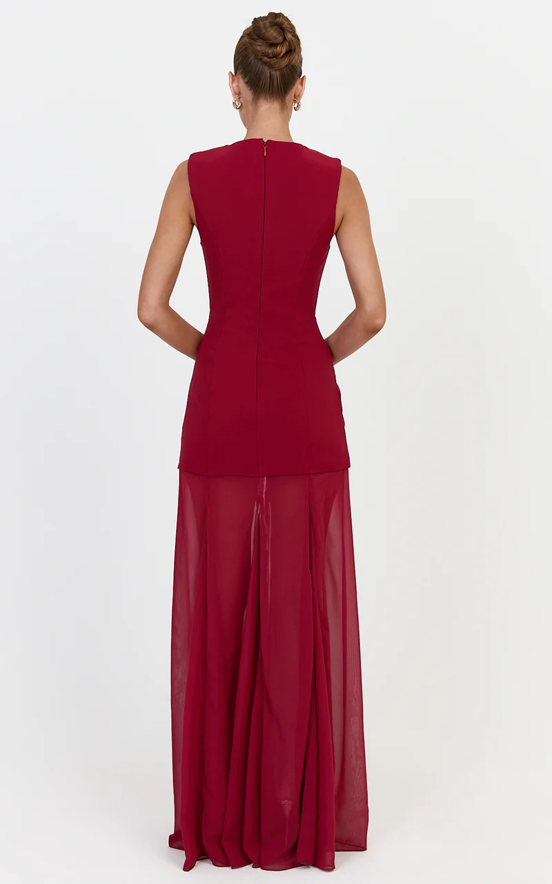 Frances Maxi Dress - Contrast U Neck Godet A Line Dress in Wine