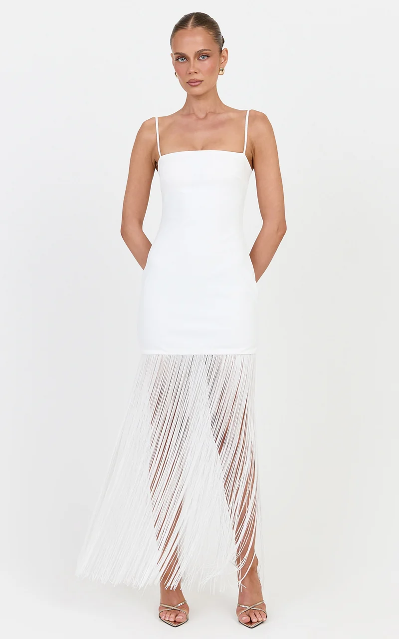 Evie Maxi Dress - Crepe Fringed Shift Dress in White