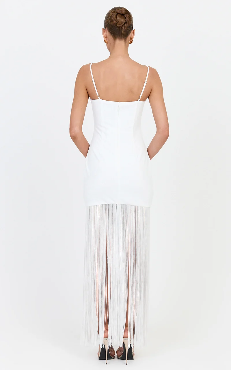 Evie Maxi Dress - Crepe Fringed Shift Dress in White
