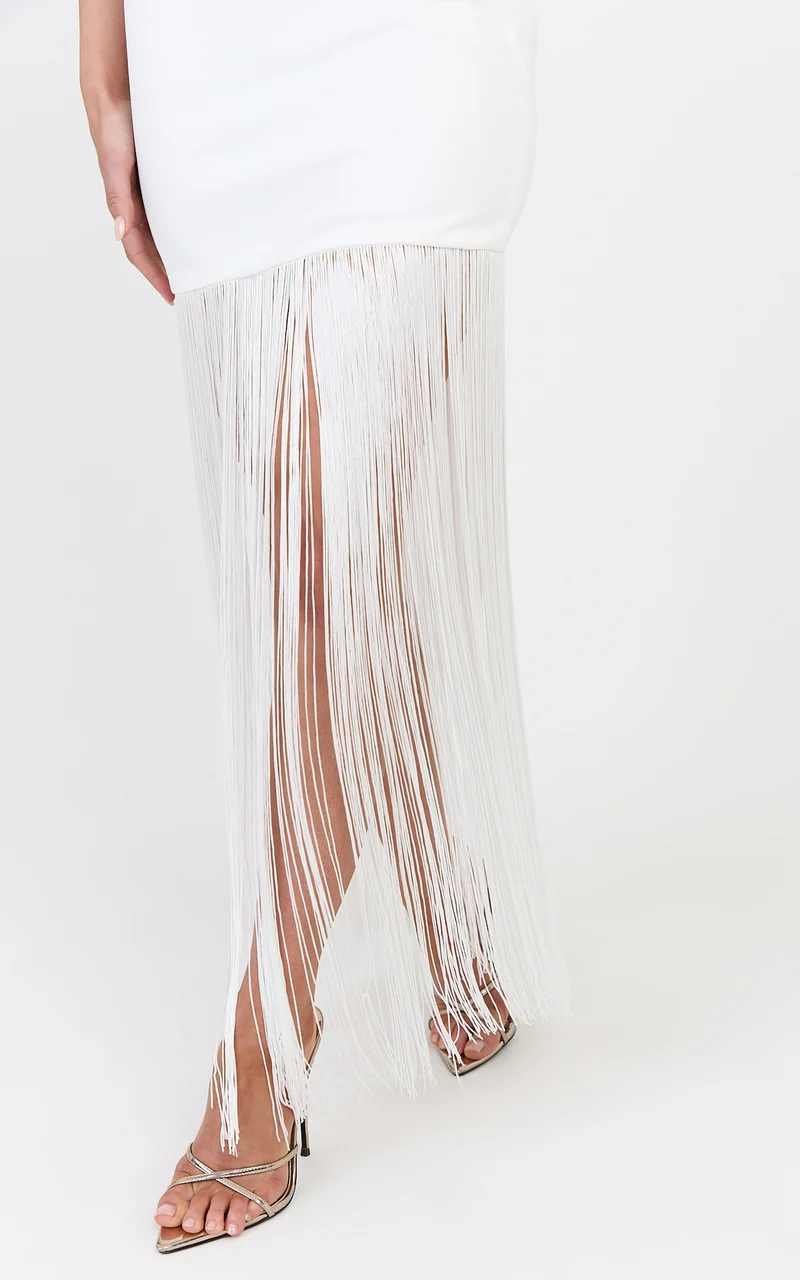 Evie Maxi Dress - Crepe Fringed Shift Dress in White