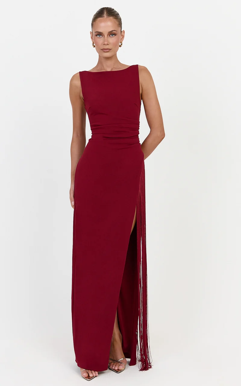 Joanne Maxi Dress - Scoop Neck Fringe Dress in Wine