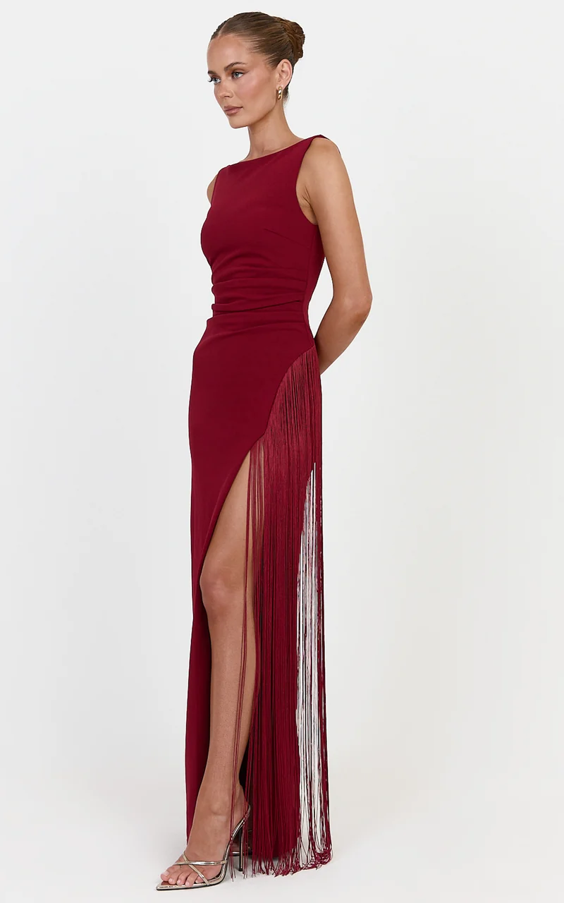 Joanne Maxi Dress - Scoop Neck Fringe Dress in Wine