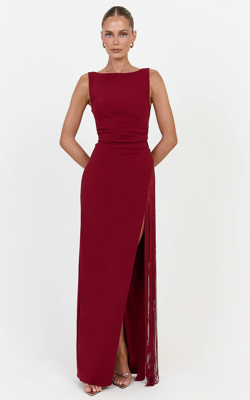 Joanne Maxi Dress - Scoop Neck Fringe Dress in Wine