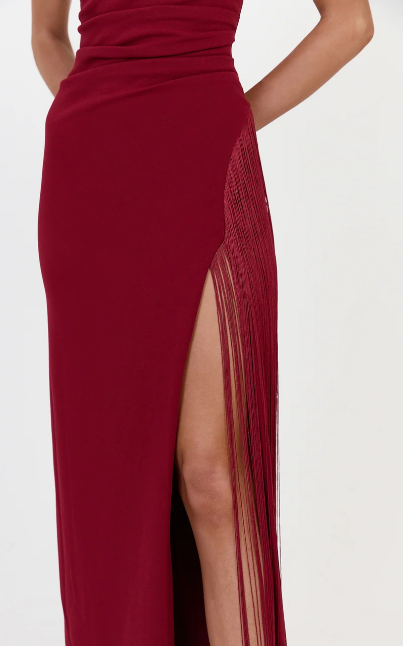 Joanne Maxi Dress - Scoop Neck Fringe Dress in Wine