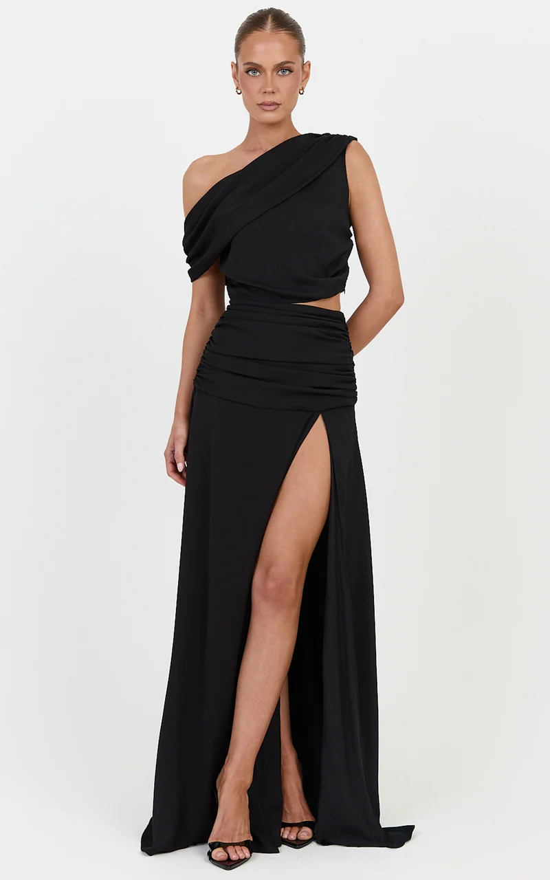 Ayla Two Piece Set - Draped Off Shoulder Top And Maxi Skirt Set in Black
