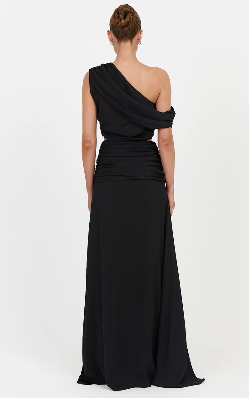 Ayla Two Piece Set - Draped Off Shoulder Top And Maxi Skirt Set in Black