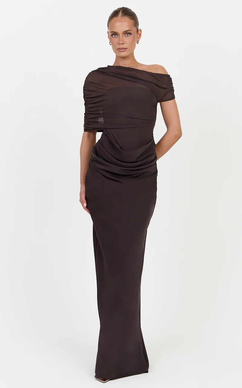 Nami Maxi Dress - Overlay Off Shoulder Draped Cowl Waist Dress in Chocolate