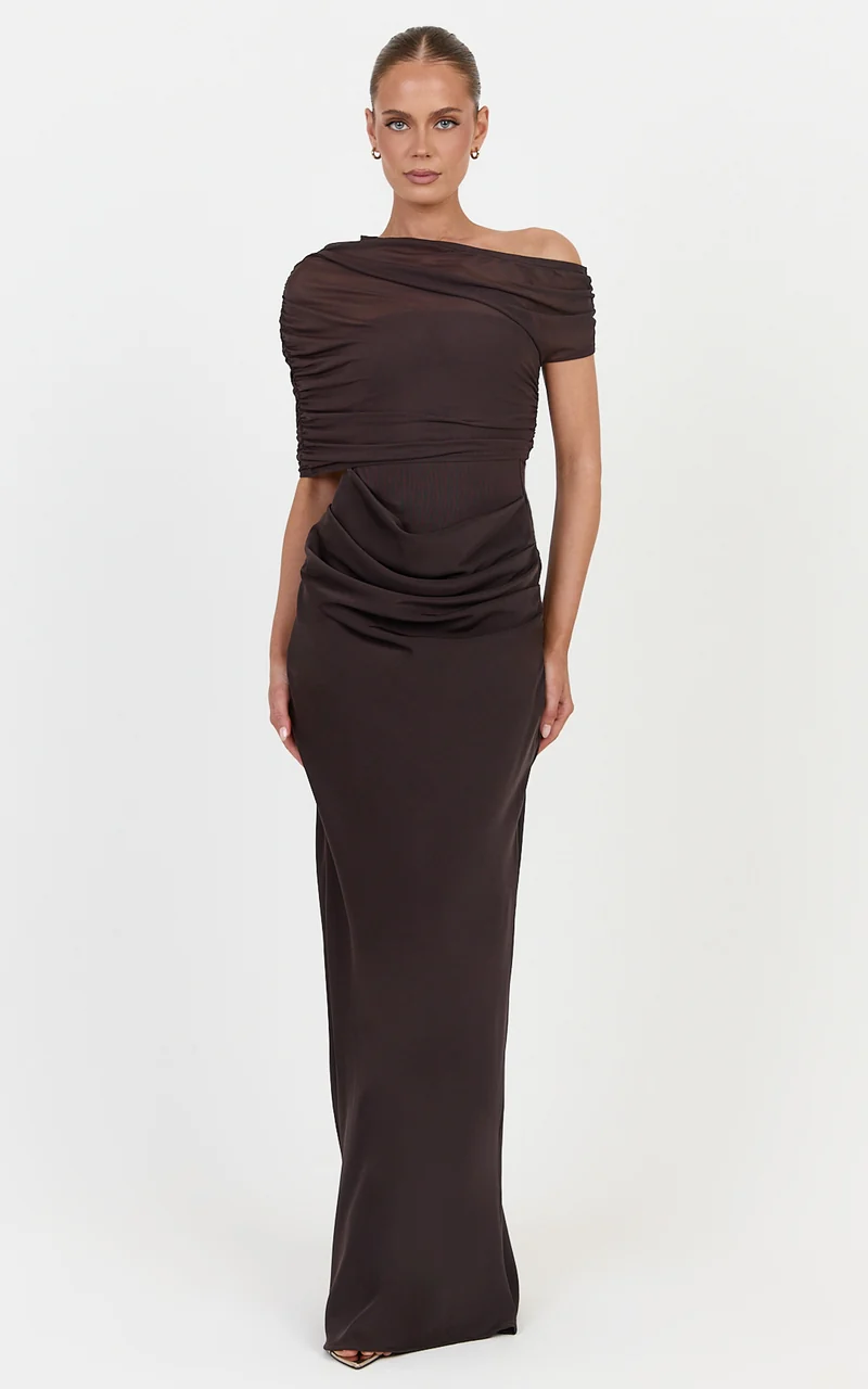 Nami Maxi Dress - Overlay Off Shoulder Draped Cowl Waist Dress in Chocolate