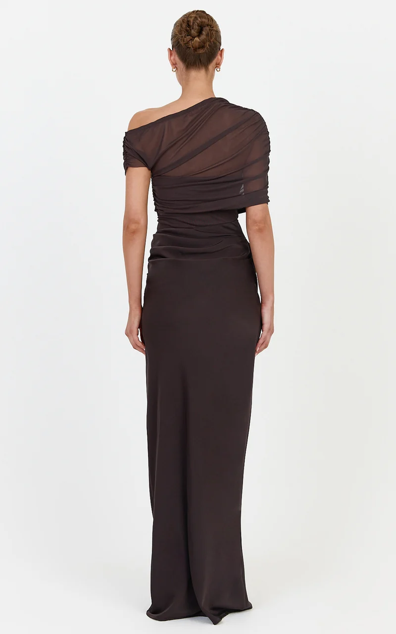 Nami Maxi Dress - Overlay Off Shoulder Draped Cowl Waist Dress in Chocolate