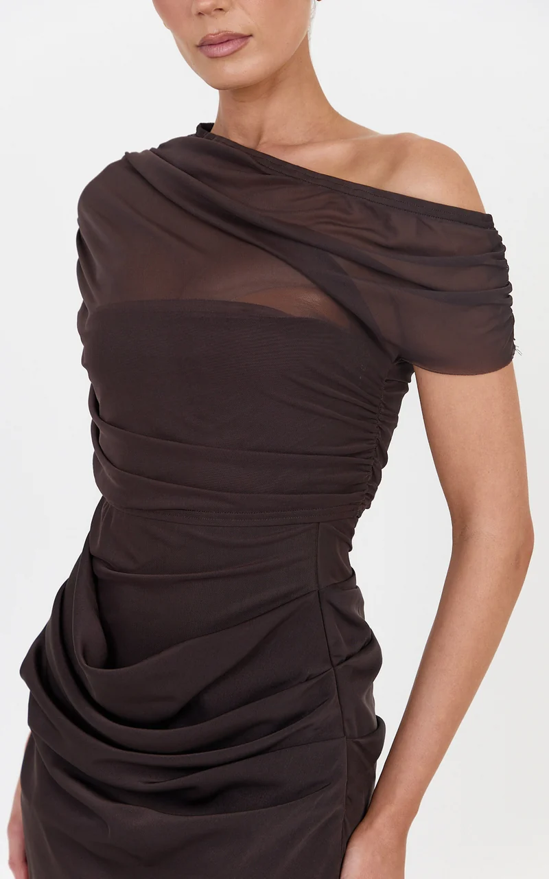 Nami Maxi Dress - Overlay Off Shoulder Draped Cowl Waist Dress in Chocolate