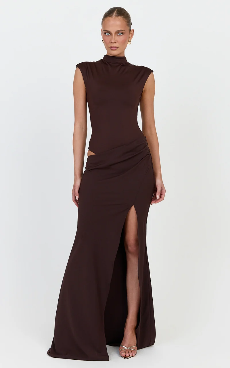 Grace Maxi Dress - Cap Sleeve Asymmetric Split Dress in Chocolate