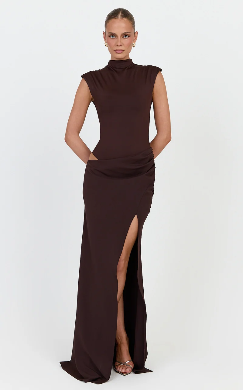 Grace Maxi Dress - Cap Sleeve Asymmetric Split Dress in Chocolate