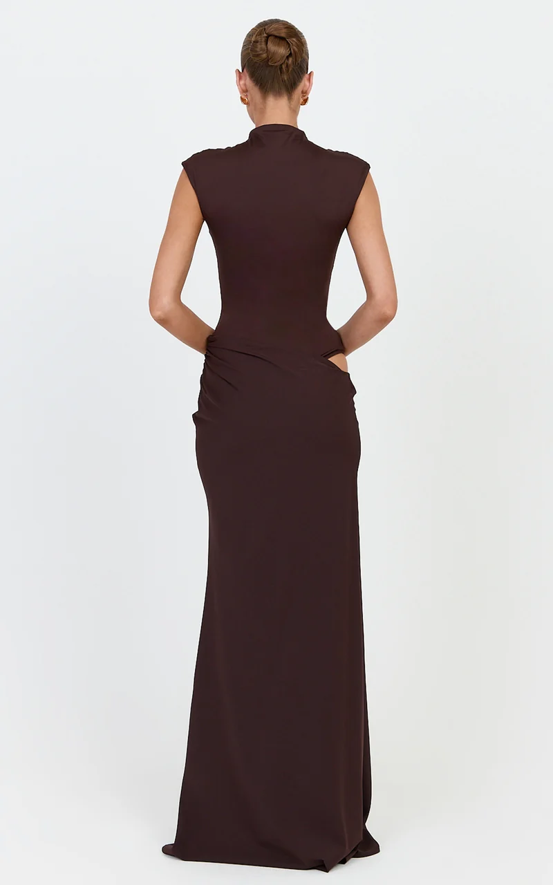 Grace Maxi Dress - Cap Sleeve Asymmetric Split Dress in Chocolate