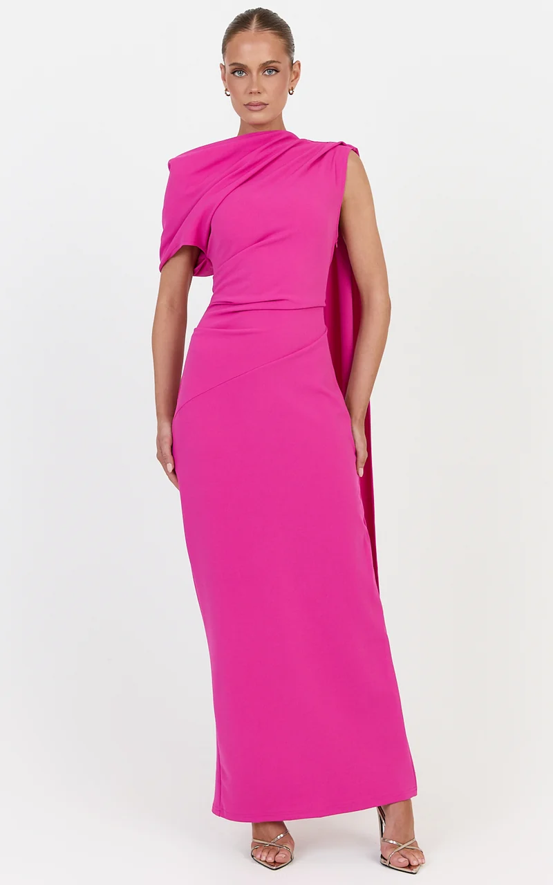 Visenta Midi Dress - Asymmetrical Sleeve Dress in Fuchsia