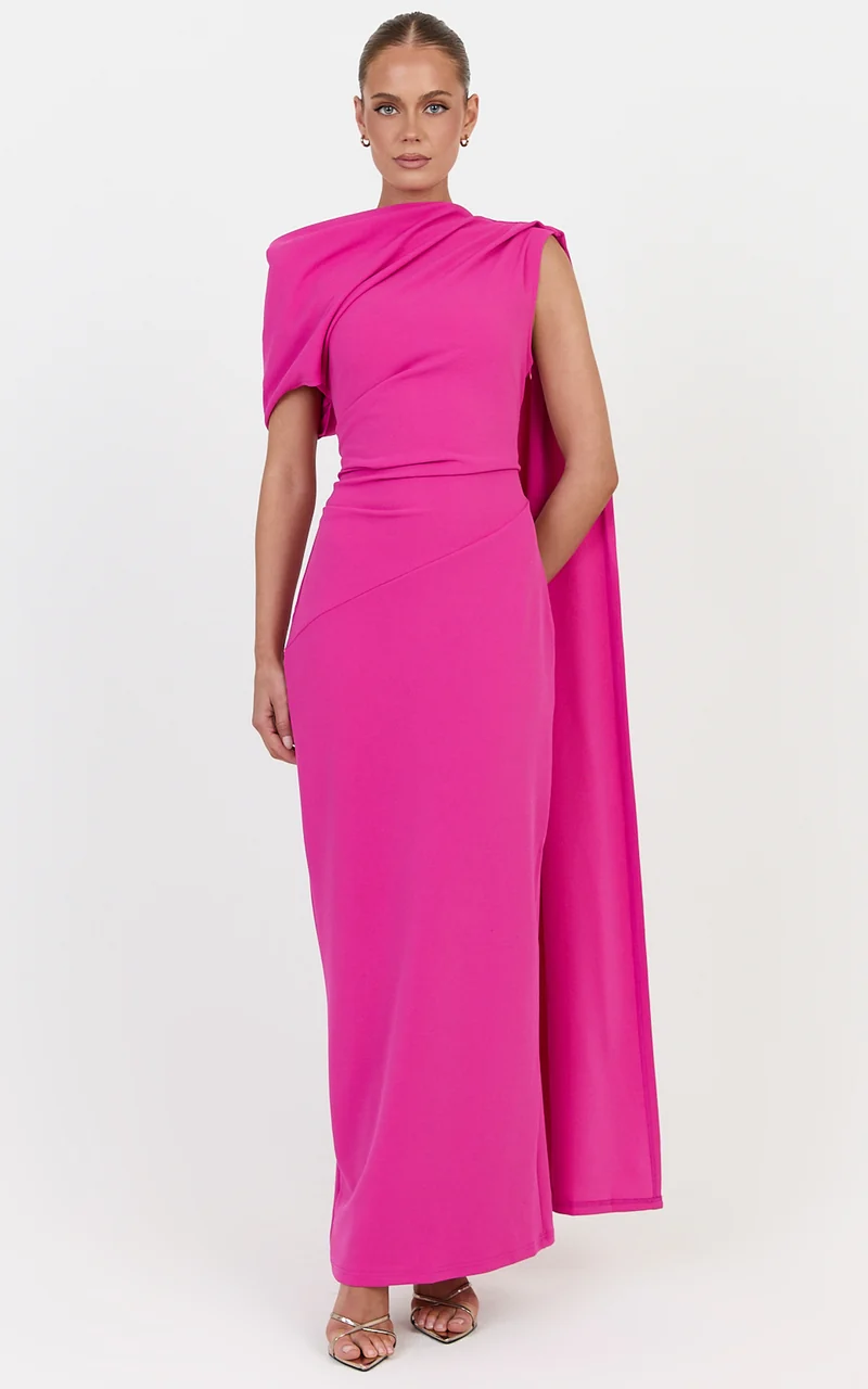 Visenta Midi Dress - Asymmetrical Sleeve Dress in Fuchsia