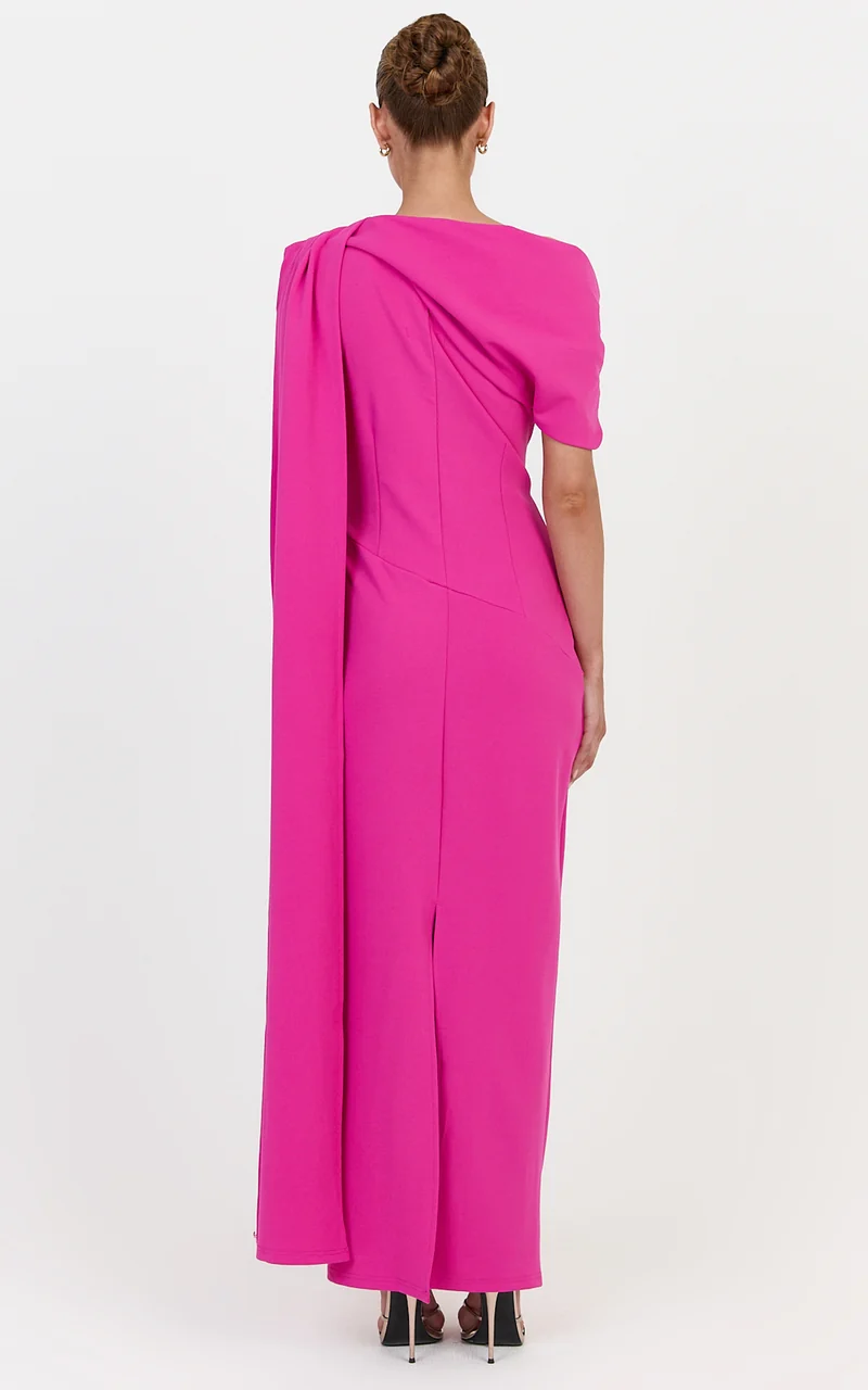 Visenta Midi Dress - Asymmetrical Sleeve Dress in Fuchsia