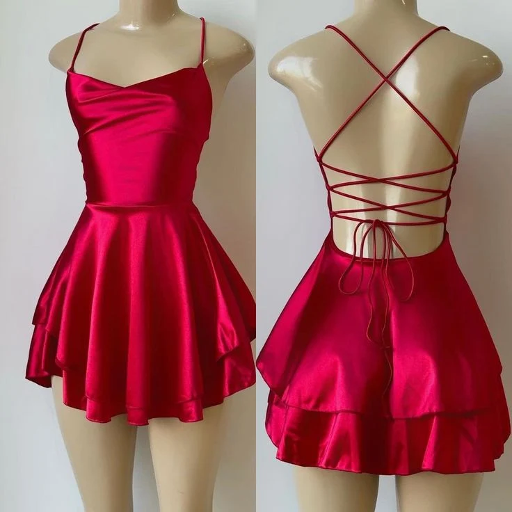 Robe de bal courte en satin rouge sans manches à lacets, élégante