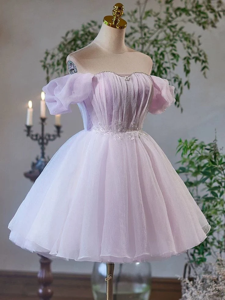 Robe de bal courte en tulle violet, coupe trapèze, décolleté en cœur