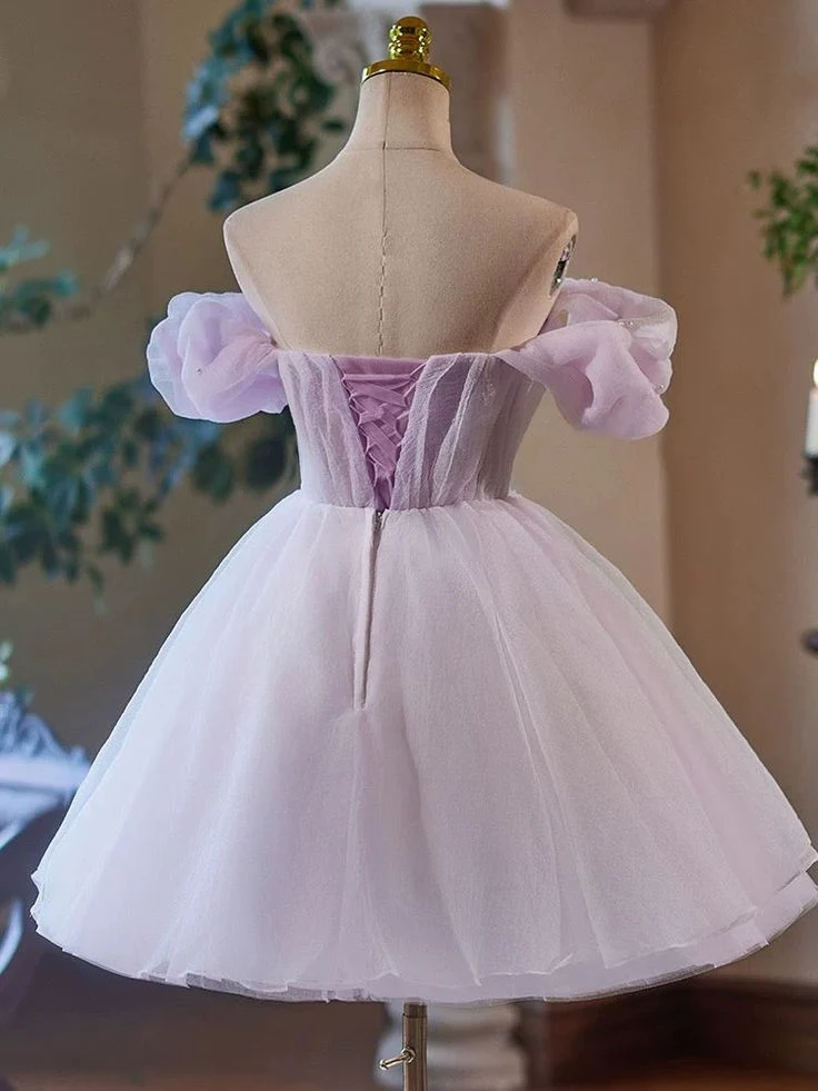 Robe de bal courte en tulle violet, coupe trapèze, décolleté en cœur