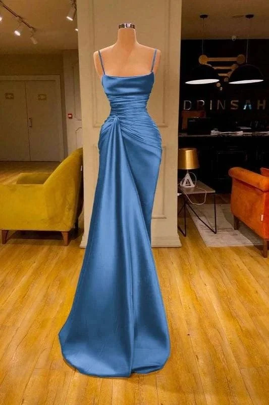 Robe de bal sirène en satin à bretelles spaghetti et ourlet à volants