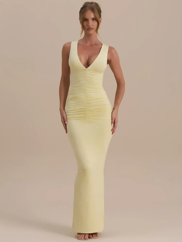 Robe moulante longue sans manches à col en V profond