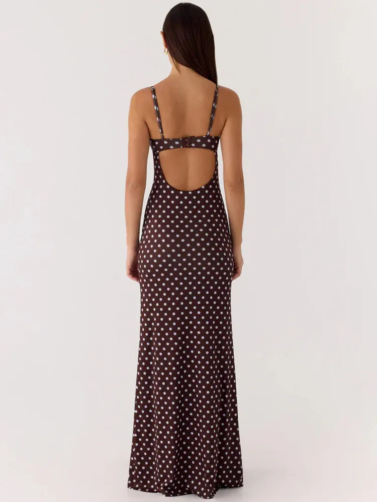 Robe longue marron à pois dos nu à bretelles fines