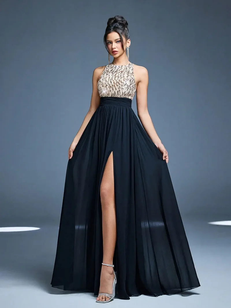 Robe de soirée longue chic haut en paillettes