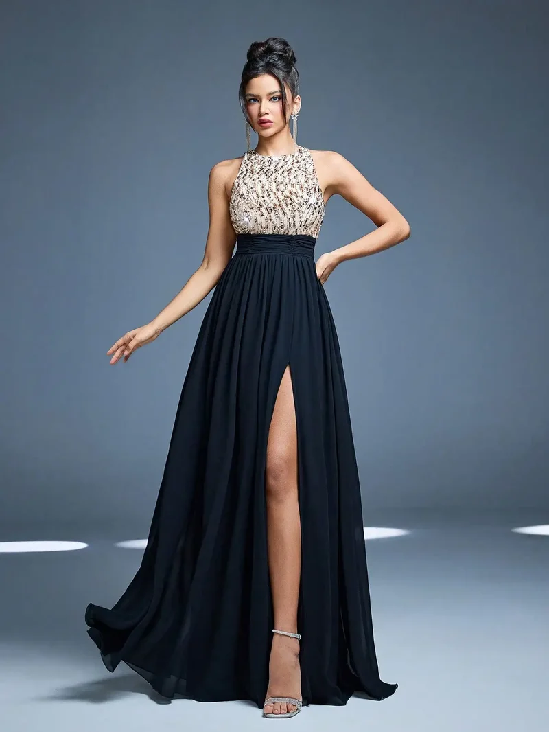 Robe de soirée longue chic haut en paillettes