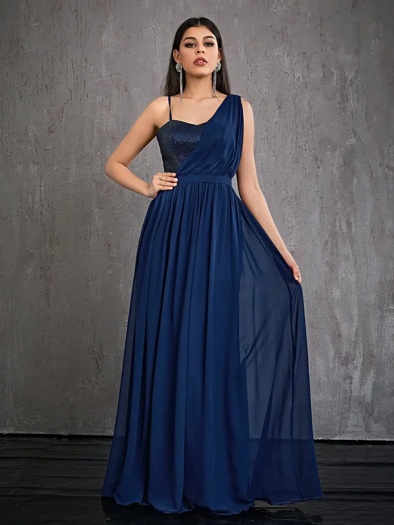Robe de soirée bleue marine longue haut à paillettes