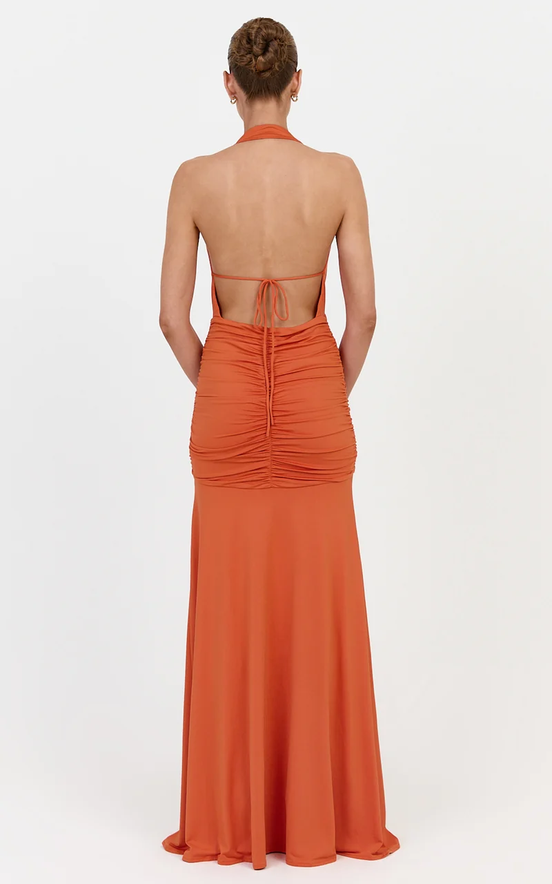 Eden Maxi Dress - Plunge Halter Neck Cut Out Bodycon Dress in Burnt Orange