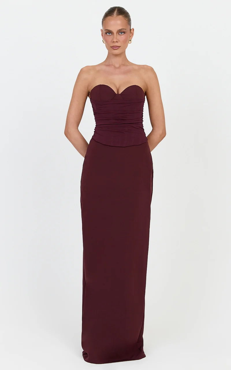 Helda Maxi Skirt - Mid Waist Back Split Skirt in Plum