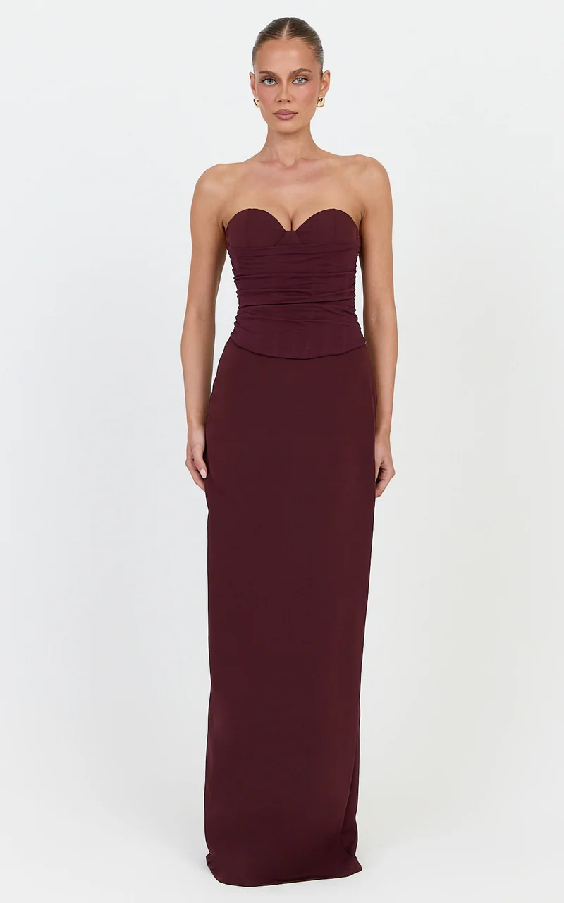 Helda Maxi Skirt - Mid Waist Back Split Skirt in Plum