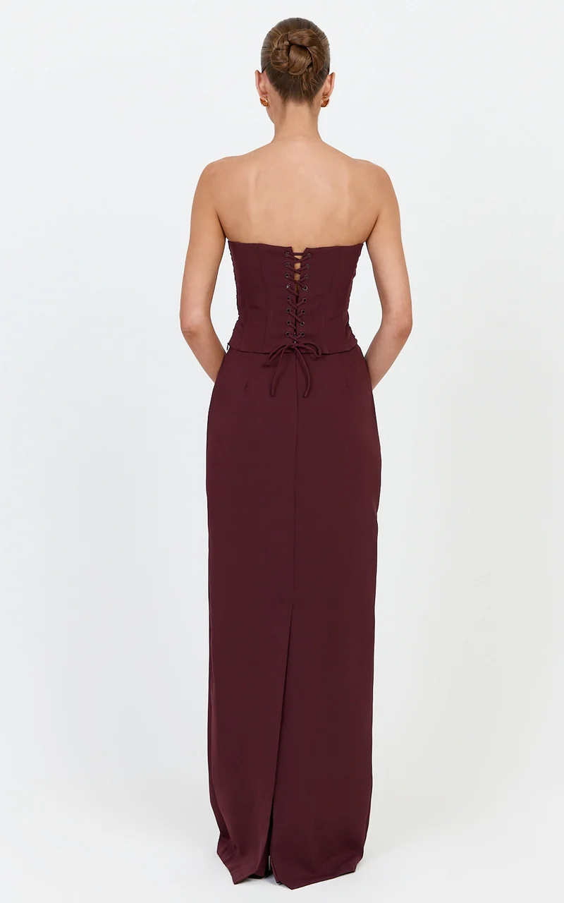 Helda Maxi Skirt - Mid Waist Back Split Skirt in Plum