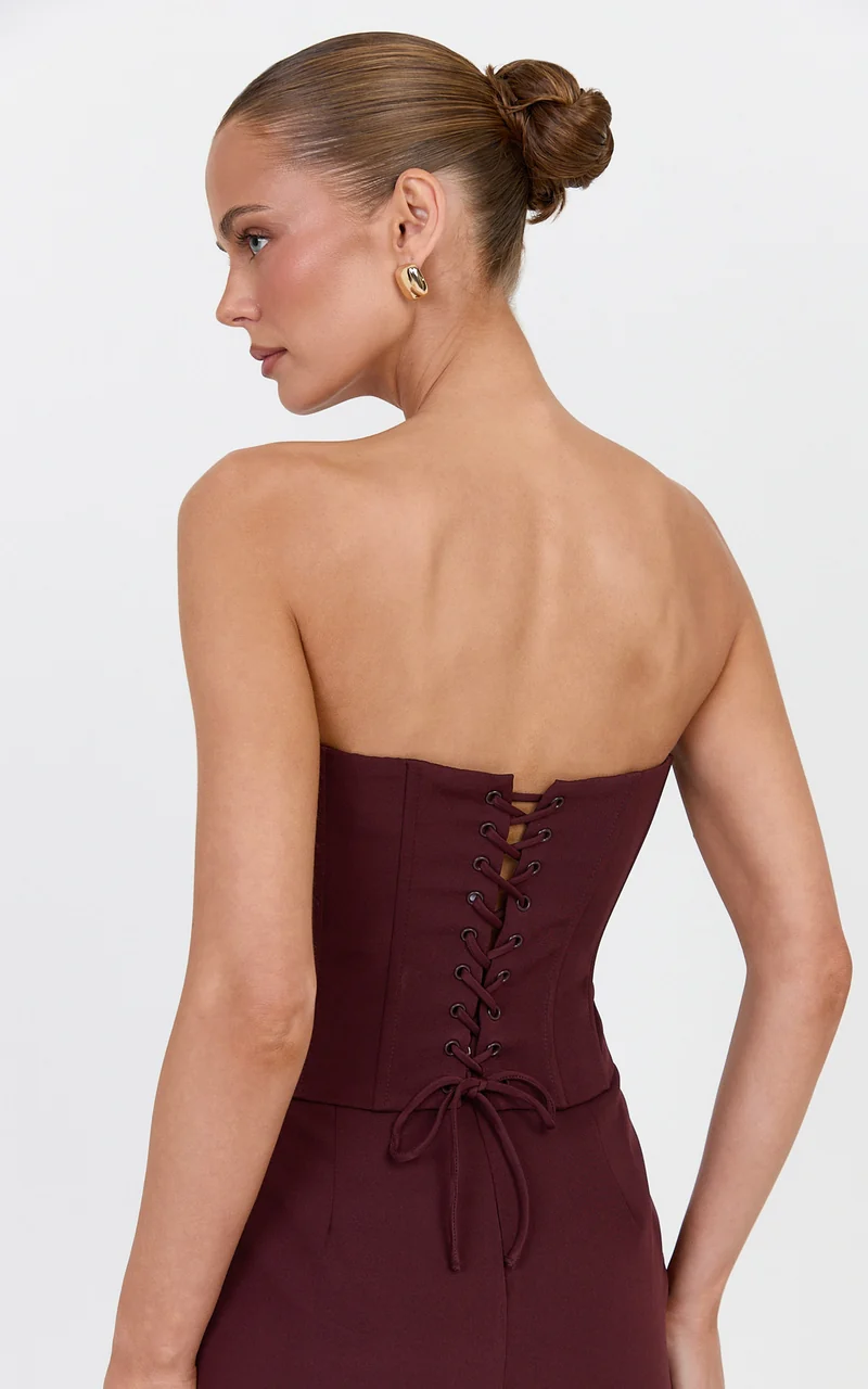 Helda Top - Strapless Corset Lace Up Back Top in Plum