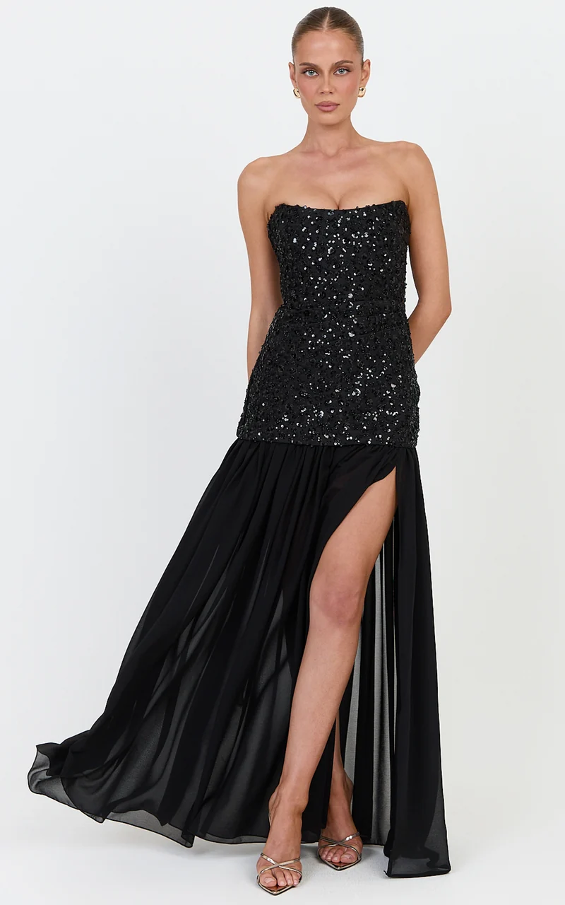 Anastasia Maxi Dress - Contrast Sequin Bodice Fit And Flare Dress in Black