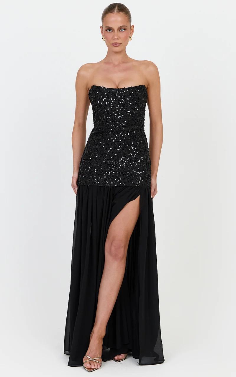 Anastasia Maxi Dress - Contrast Sequin Bodice Fit And Flare Dress in Black