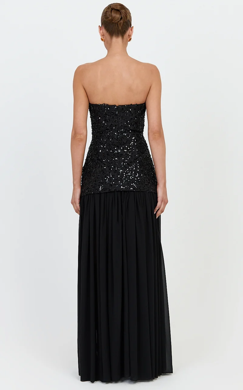 Anastasia Maxi Dress - Contrast Sequin Bodice Fit And Flare Dress in Black