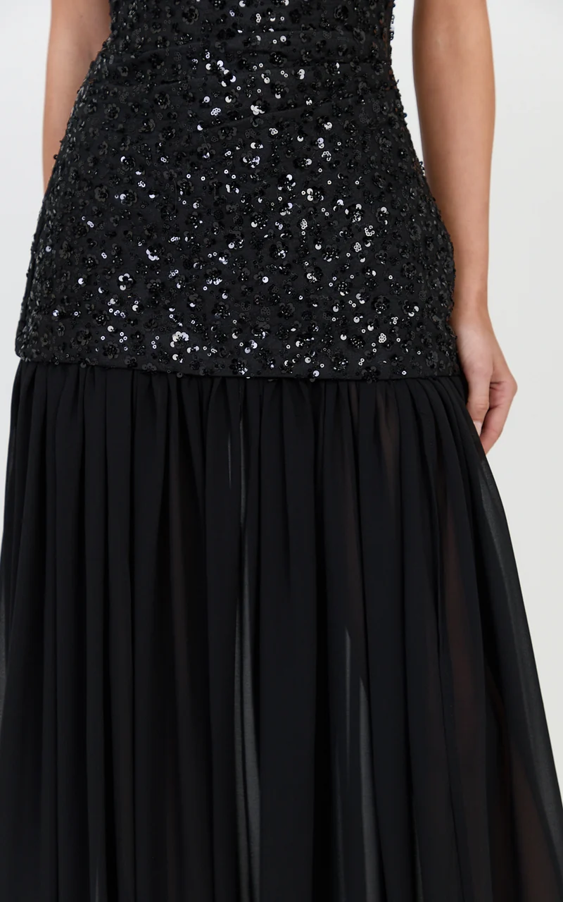 Anastasia Maxi Dress - Contrast Sequin Bodice Fit And Flare Dress in Black