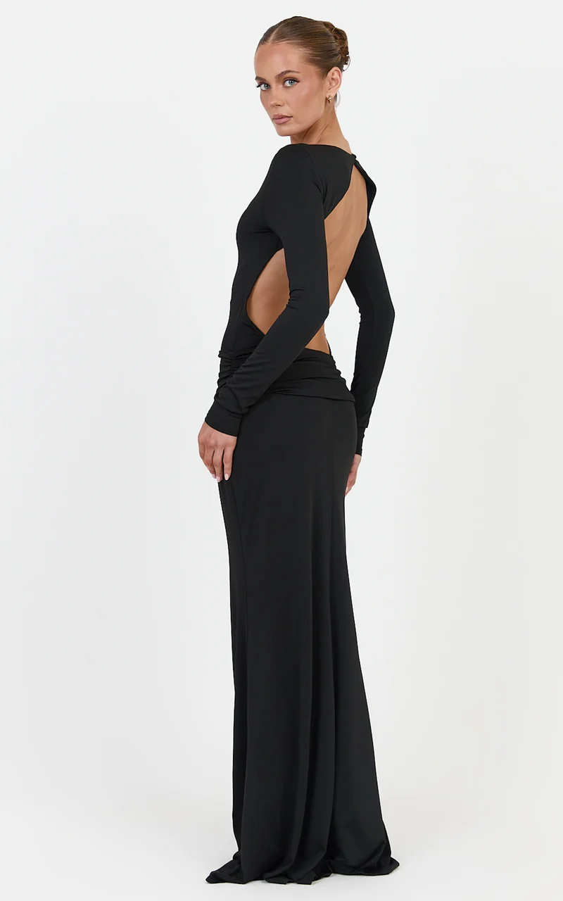 Maud Maxi Dress - Long Sleeve Open Back Dress With Hip Ruching Detail in Black