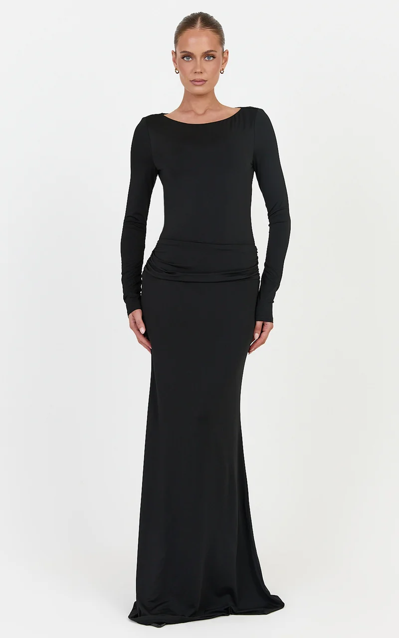 Maud Maxi Dress - Long Sleeve Open Back Dress With Hip Ruching Detail in Black