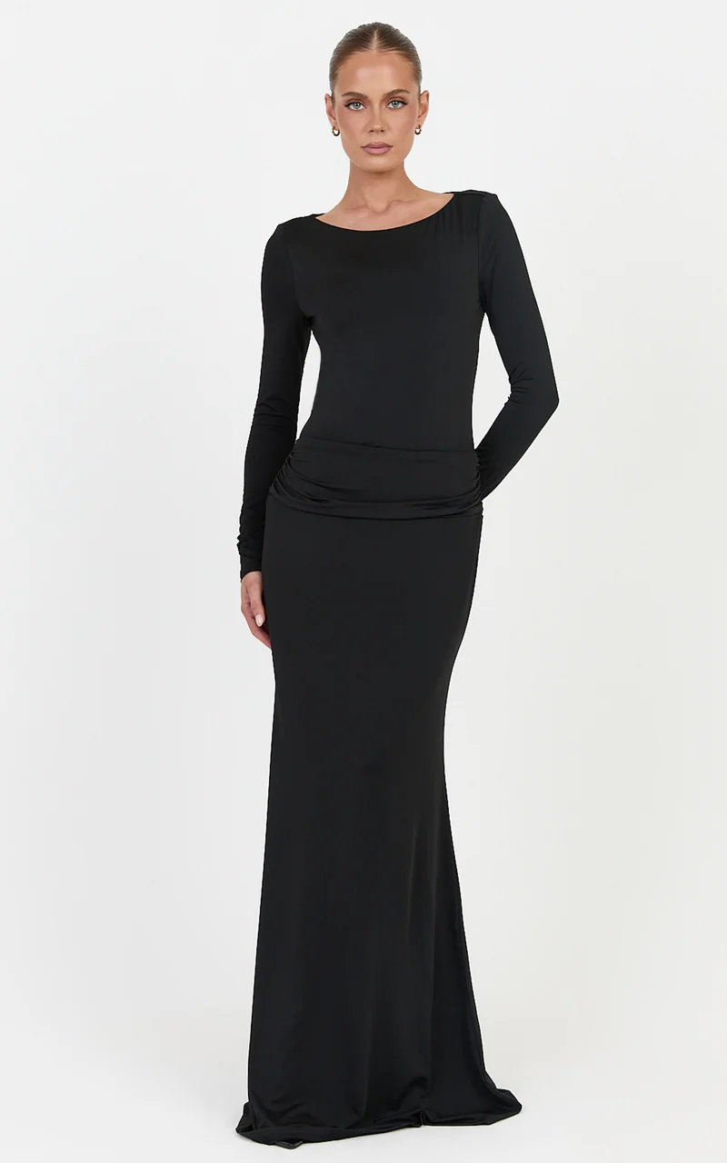 Maud Maxi Dress - Long Sleeve Open Back Dress With Hip Ruching Detail in Black