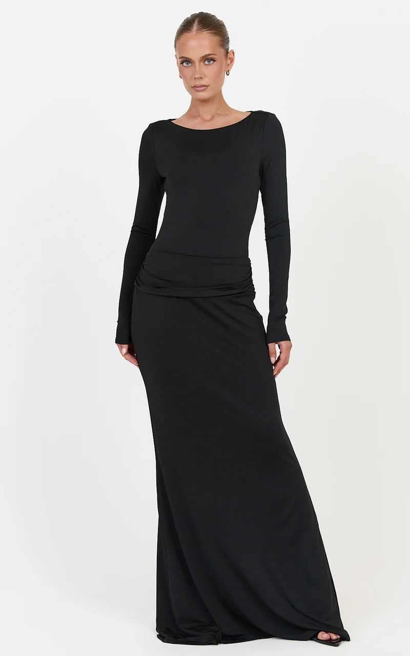 Maud Maxi Dress - Long Sleeve Open Back Dress With Hip Ruching Detail in Black